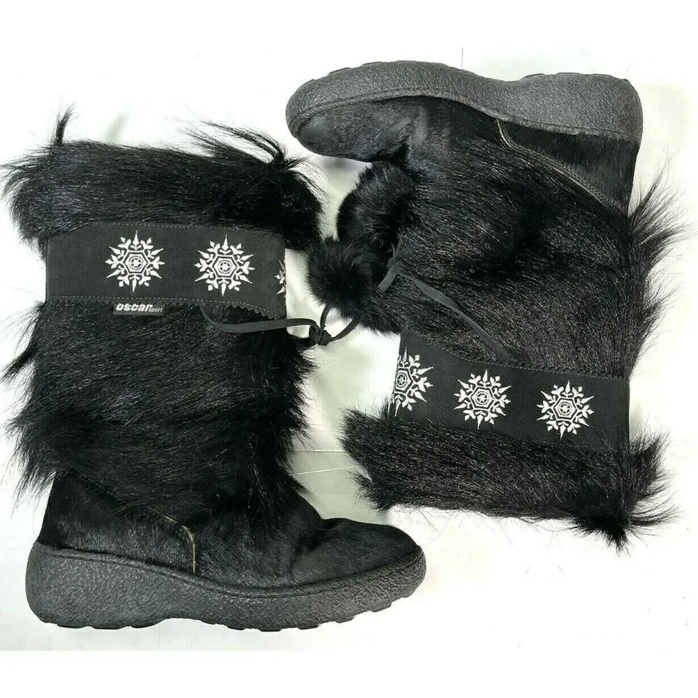 Oscar Sport Boots Black Apres Goat Hair Pom Pom Embroidery Snow‎ Bunny